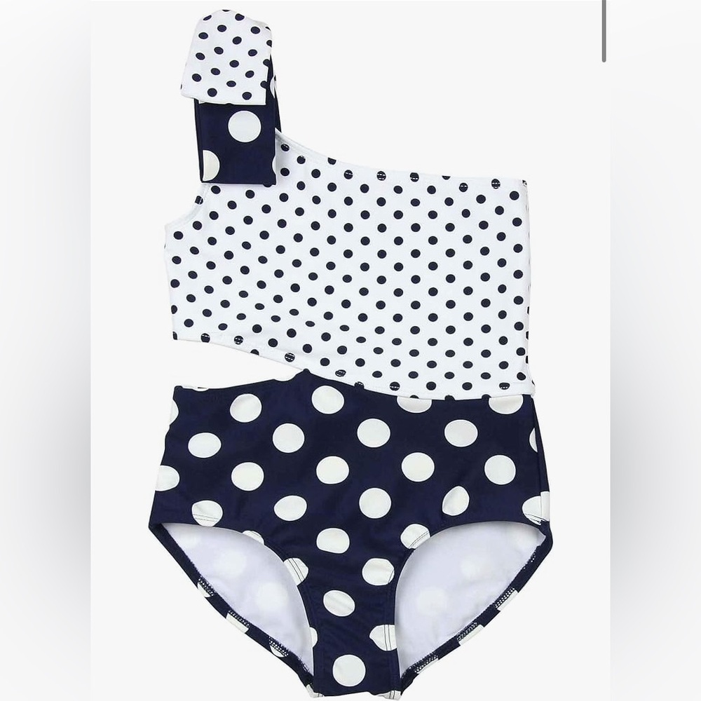 Kate Mack Navy/white Polka Dot One Shoulder 1 Piece Swimsuit w/ Bow Girls 10